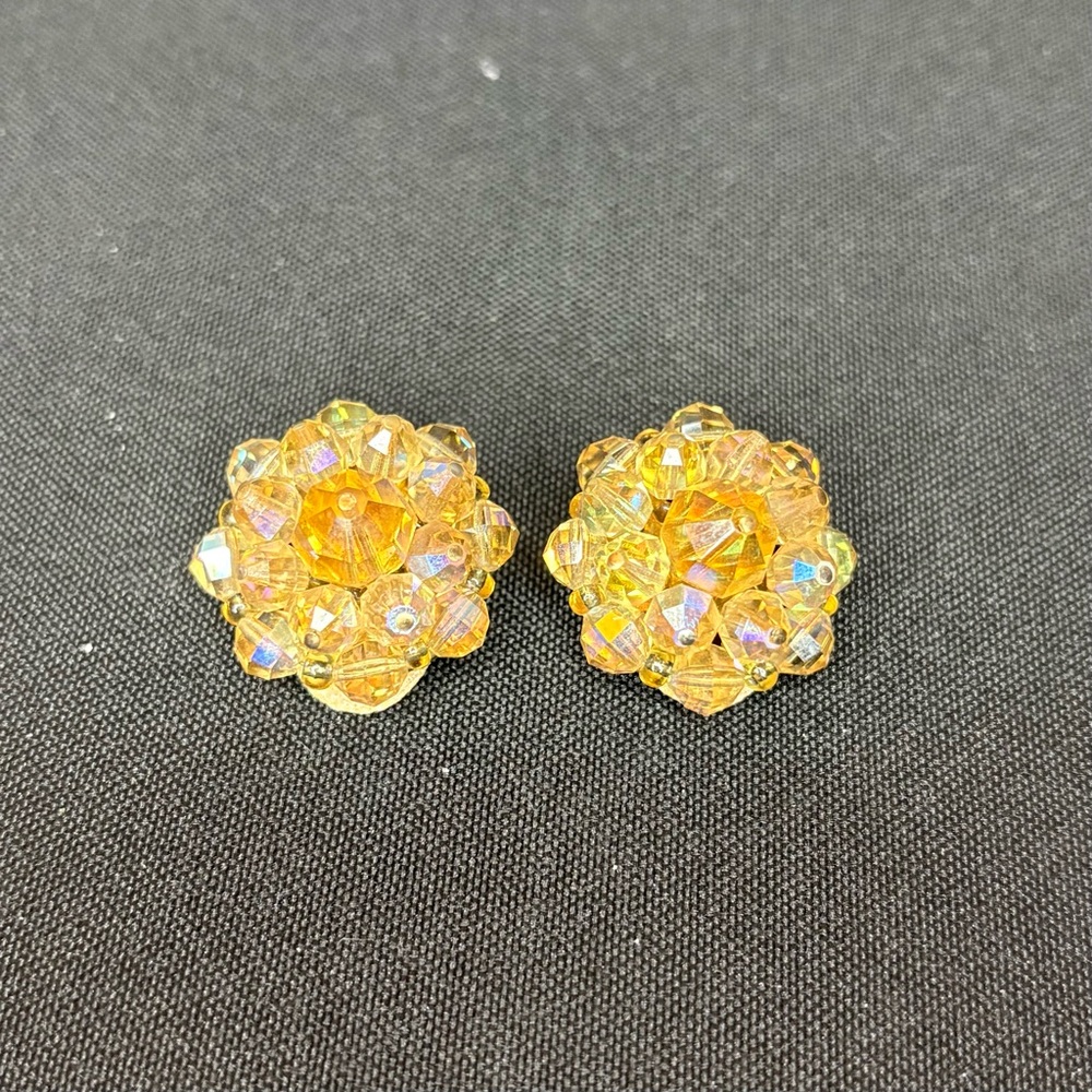 Antique Clip-On Earrings, Beaded, Dark Yellow, Costume Gold